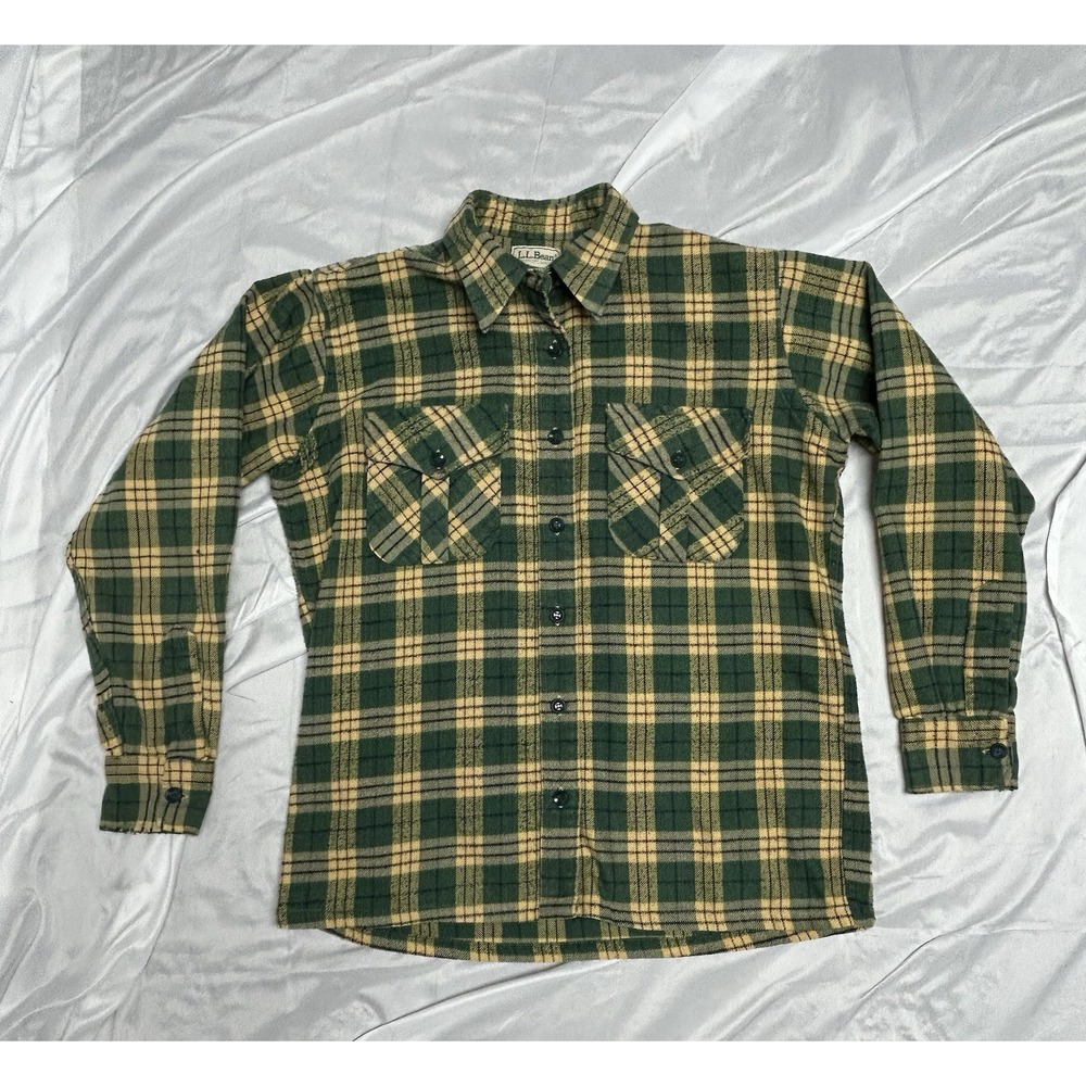 LL Bean Freeport Maine Womens Sz 16 Flannel 80's Vintage Yellow Green Plaid Work